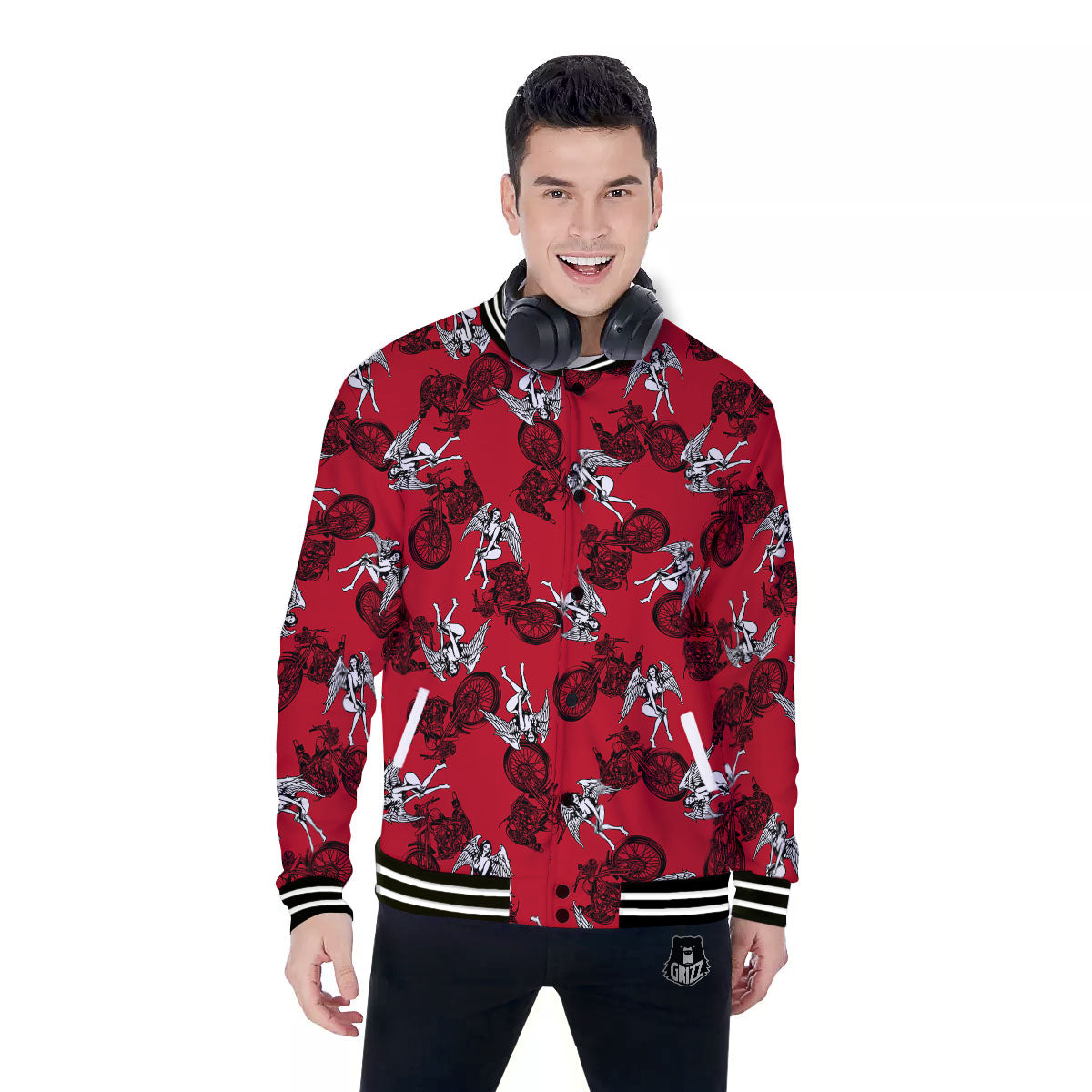 Angel And Motorcycle Print Pattern Baseball Jacket-grizzshop