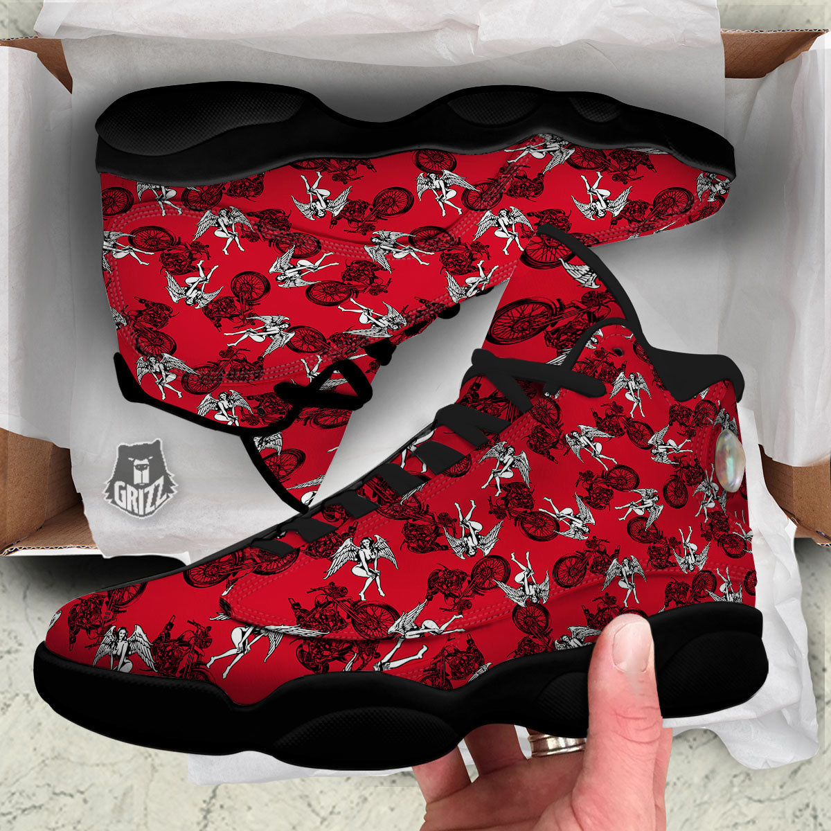Angel And Motorcycle Print Pattern Black Basketball Shoes-grizzshop