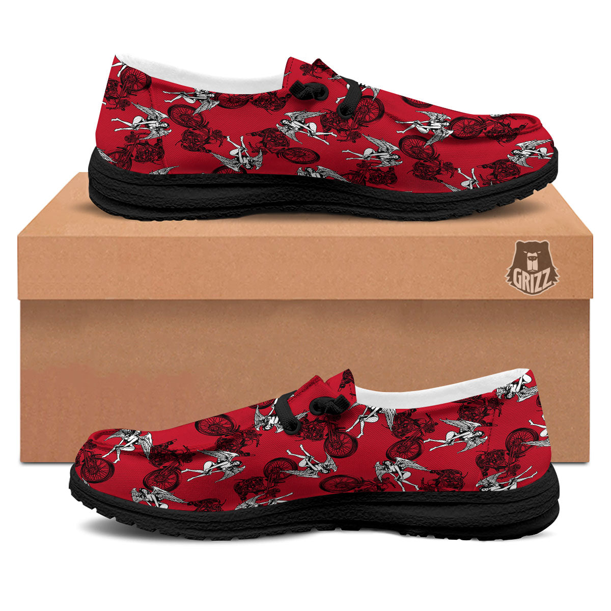 Angel And Motorcycle Print Pattern Black Loafers-grizzshop
