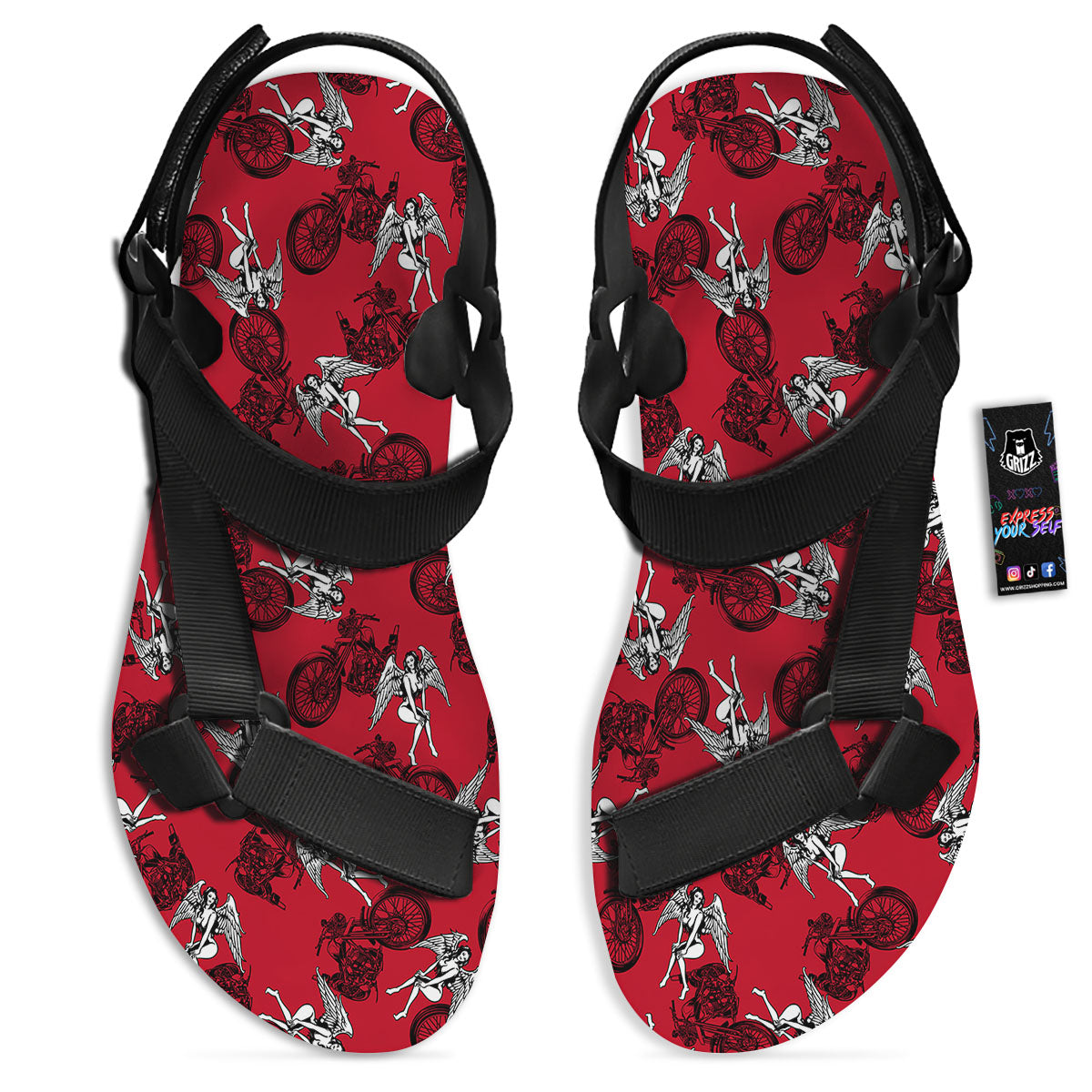 Angel And Motorcycle Print Pattern Black Open Toe Sandals-grizzshop