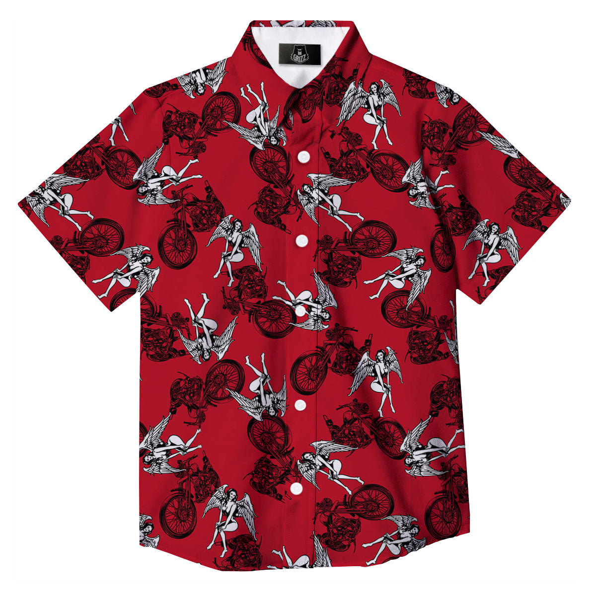 Angel And Motorcycle Print Pattern Button Up Shirt-grizzshop