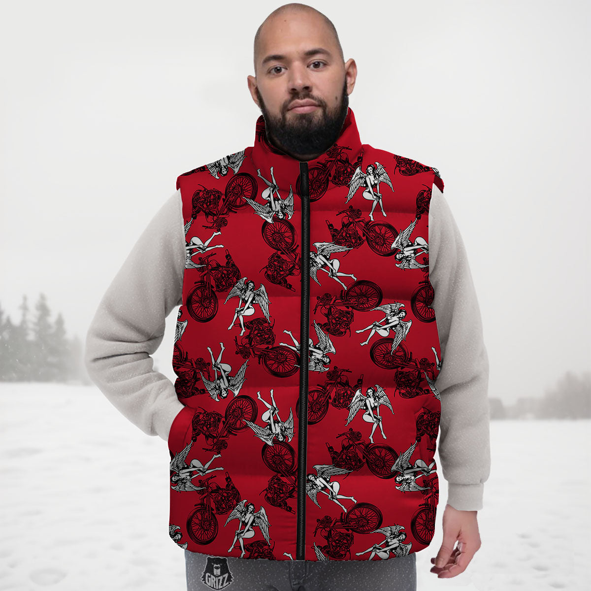 Angel And Motorcycle Print Pattern Down Vest