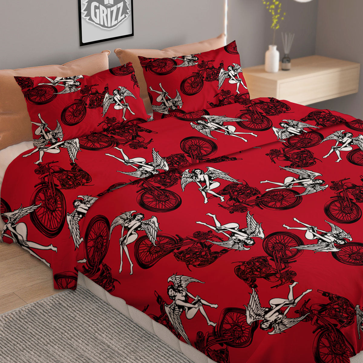 Angel And Motorcycle Print Pattern Duvet Cover Bedding Set