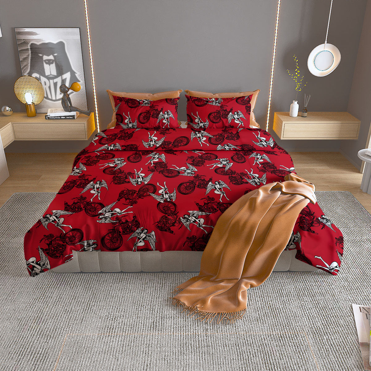 Angel And Motorcycle Print Pattern Duvet Cover Bedding Set