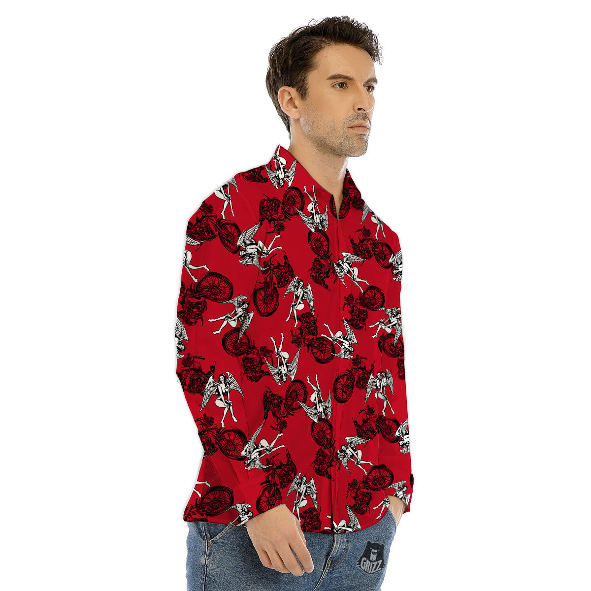Angel And Motorcycle Print Pattern Men's Dress Shirts-grizzshop