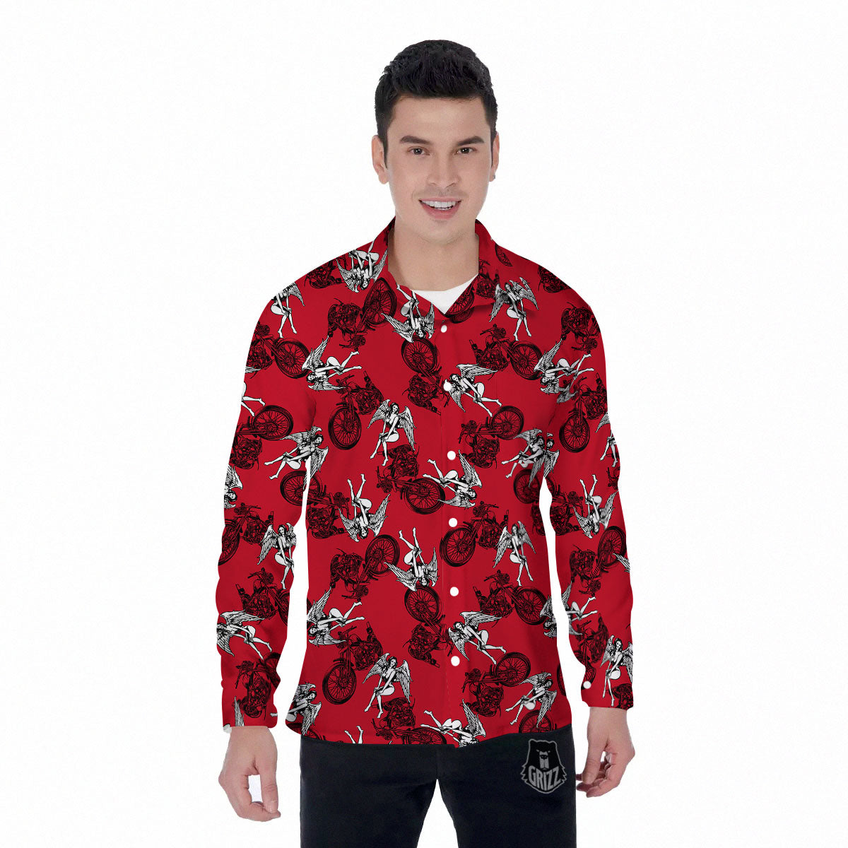 Angel And Motorcycle Print Pattern Men's Long Sleeve Shirts-grizzshop
