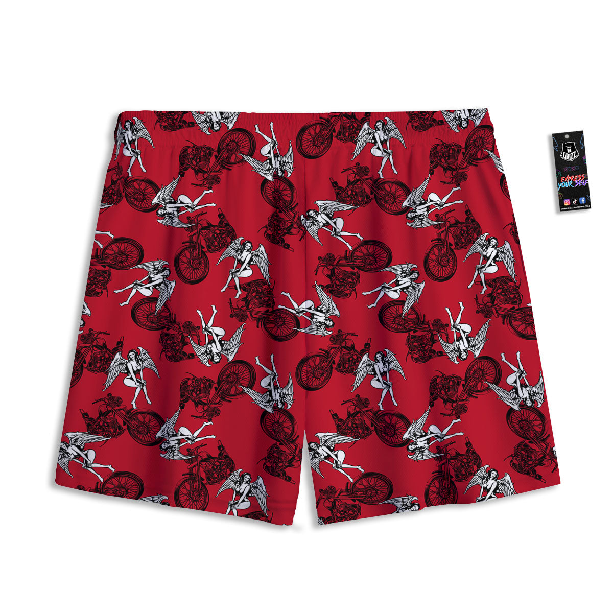 Angel And Motorcycle Print Pattern Mesh Shorts