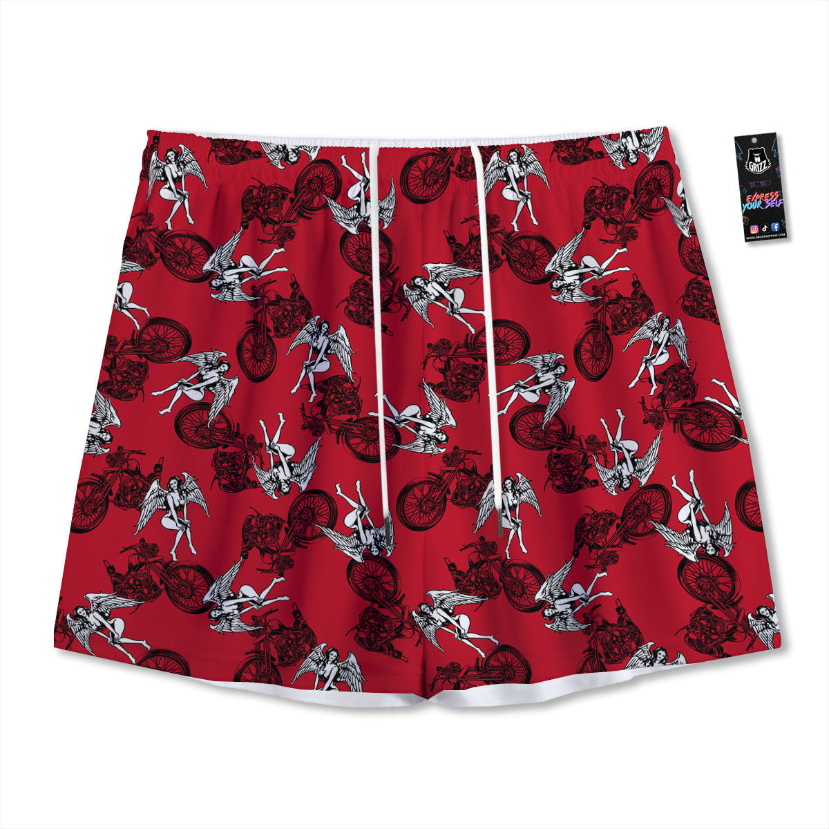 Angel And Motorcycle Print Pattern Mesh Shorts