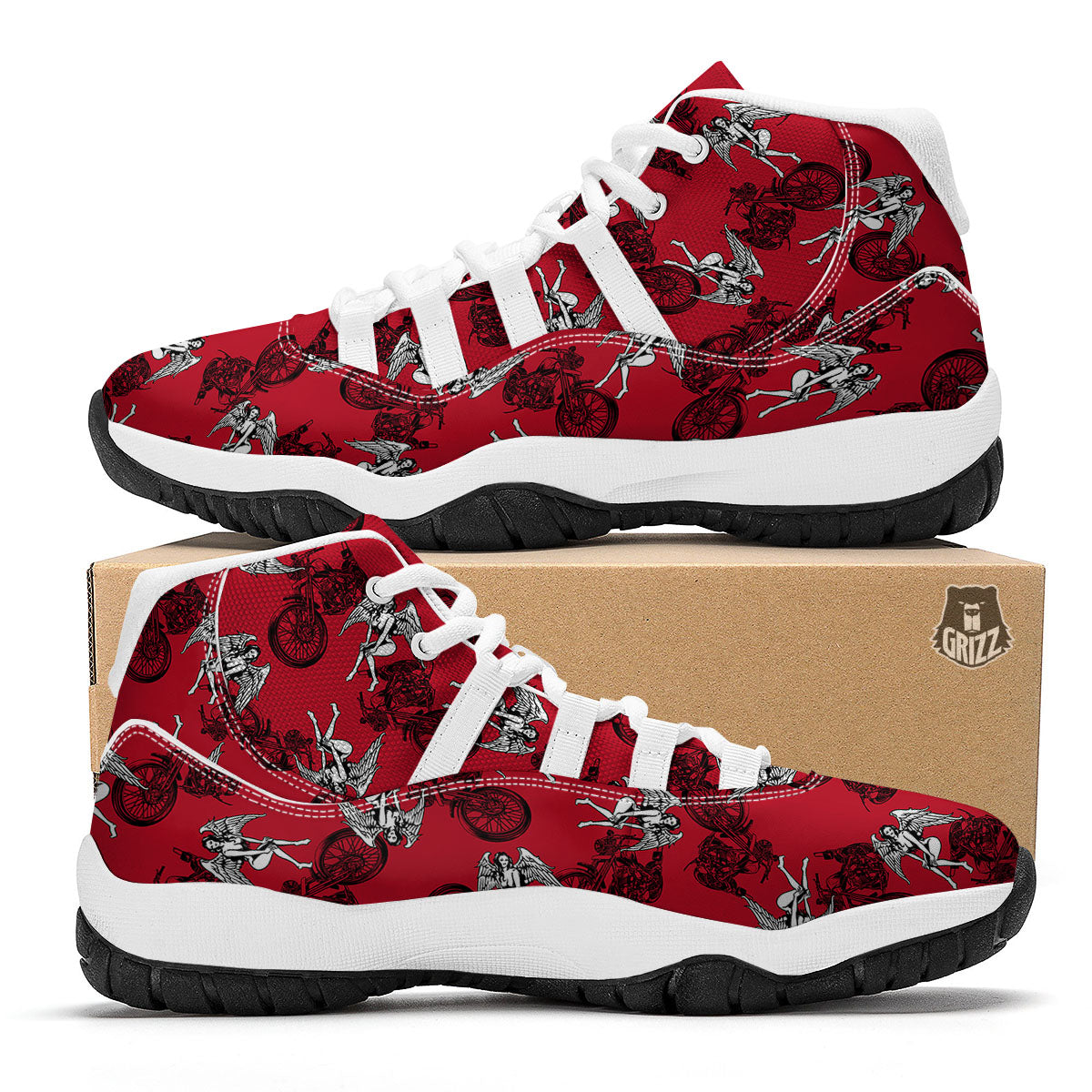 Angel And Motorcycle Print Pattern White Bball Shoes-grizzshop