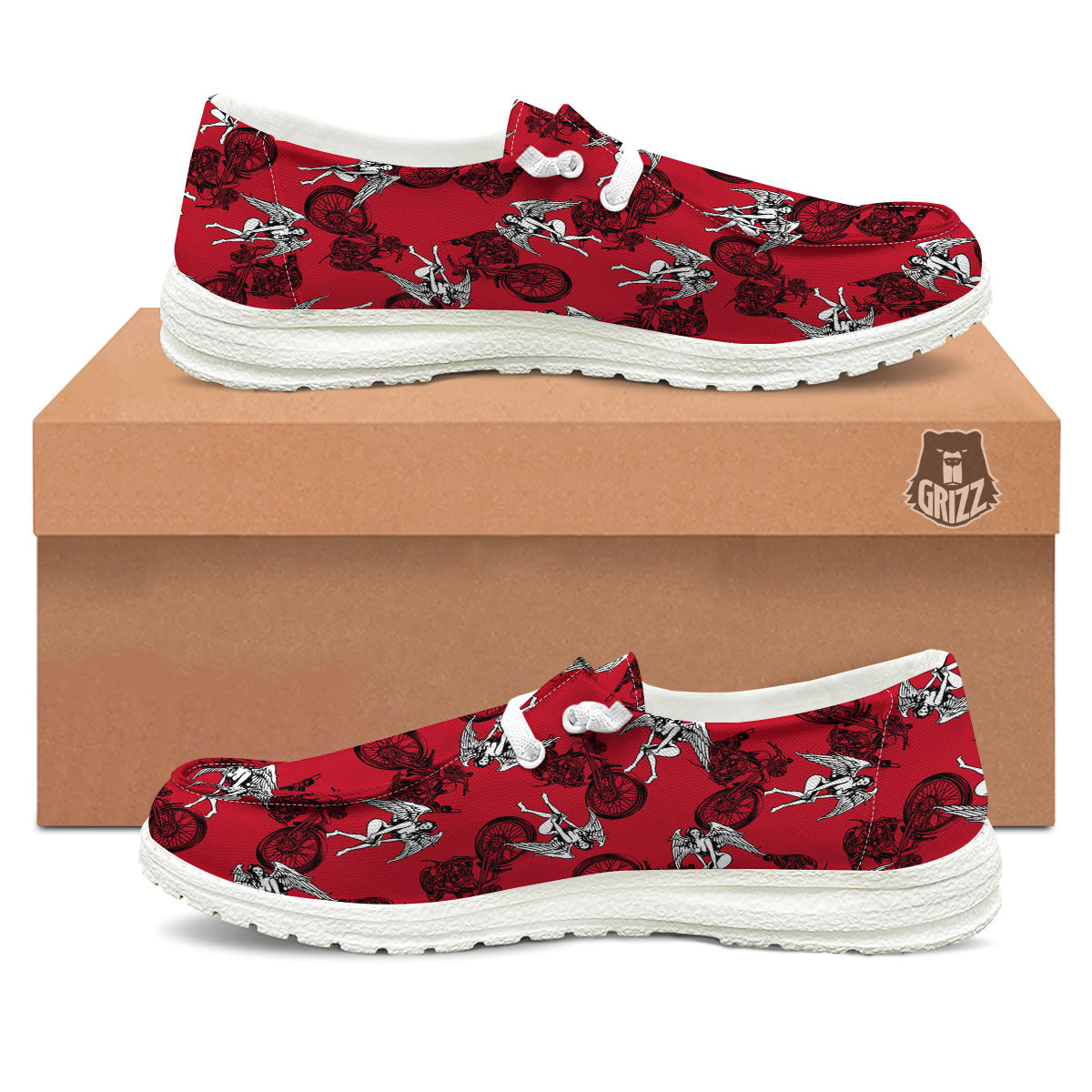 Angel And Motorcycle Print Pattern White Loafers-grizzshop