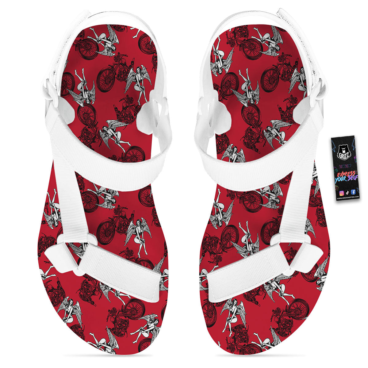 Angel And Motorcycle Print Pattern White Open Toe Sandals-grizzshop