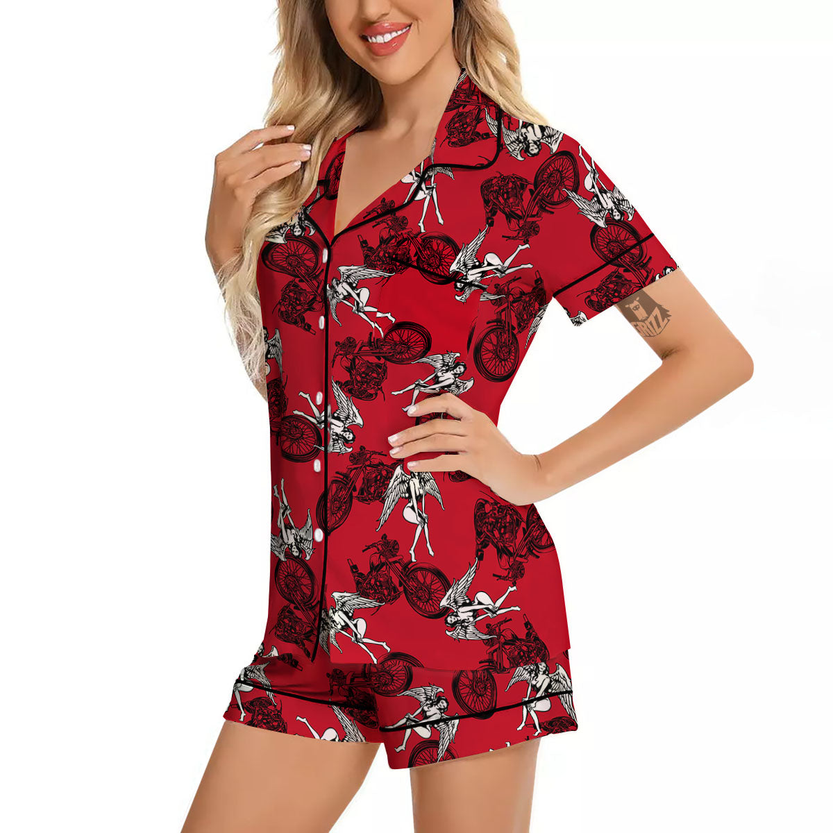 Angel And Motorcycle Print Pattern Women Silk Pajamas-grizzshop