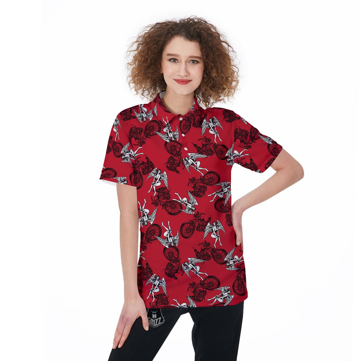 Angel And Motorcycle Print Pattern Women's Golf Shirts-grizzshop