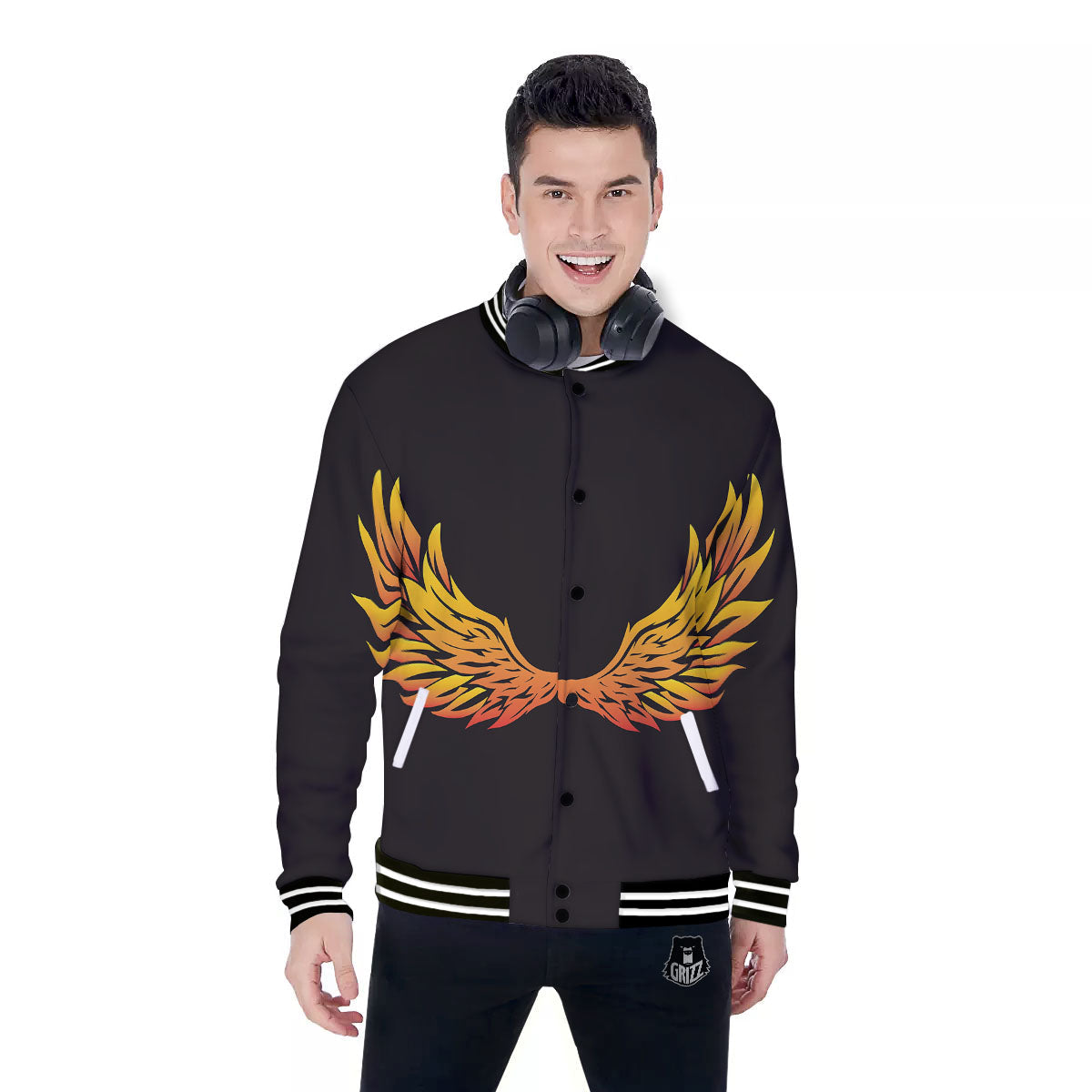 Angel Phoenix Print Baseball Jacket-grizzshop