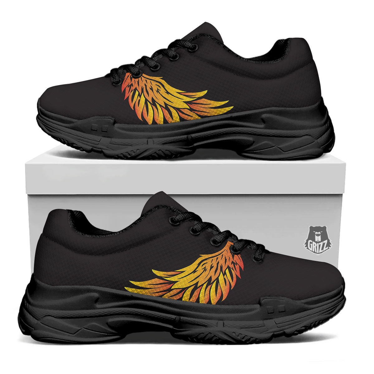 Angel Phoenix Print Black Chunky Shoes-grizzshop
