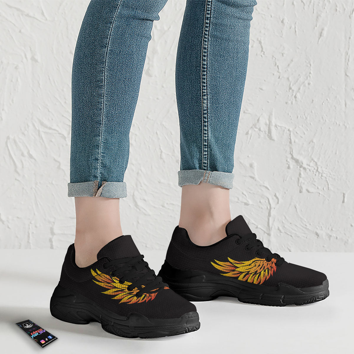 Angel Phoenix Print Black Chunky Shoes-grizzshop