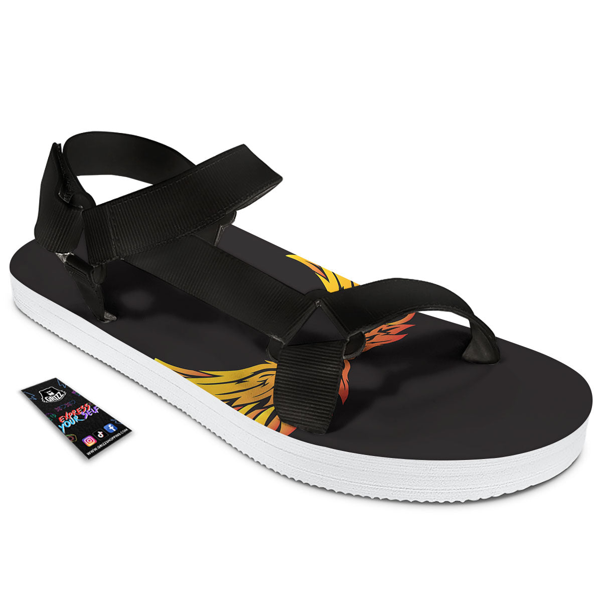 Angel Phoenix Print Black Open Toe Sandals-grizzshop