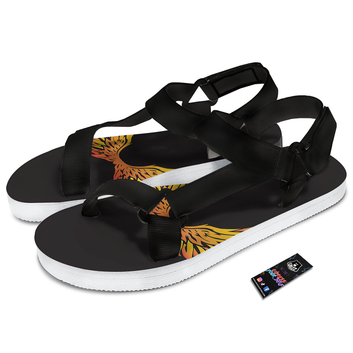 Angel Phoenix Print Black Open Toe Sandals-grizzshop