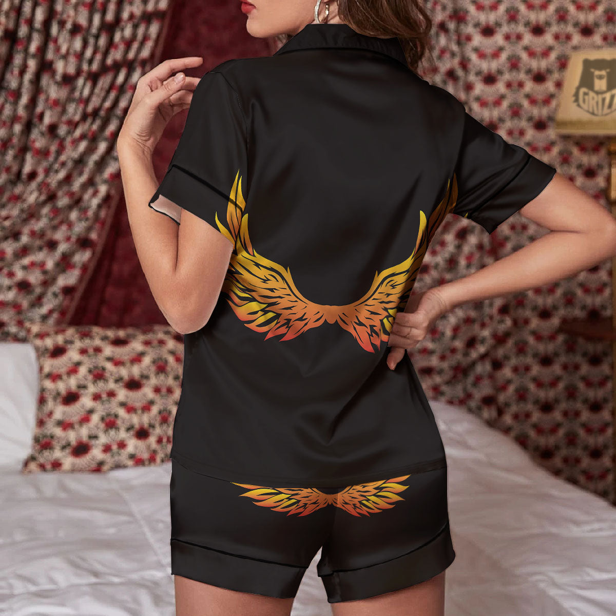 Angel Phoenix Print Women Silk Pajamas-grizzshop