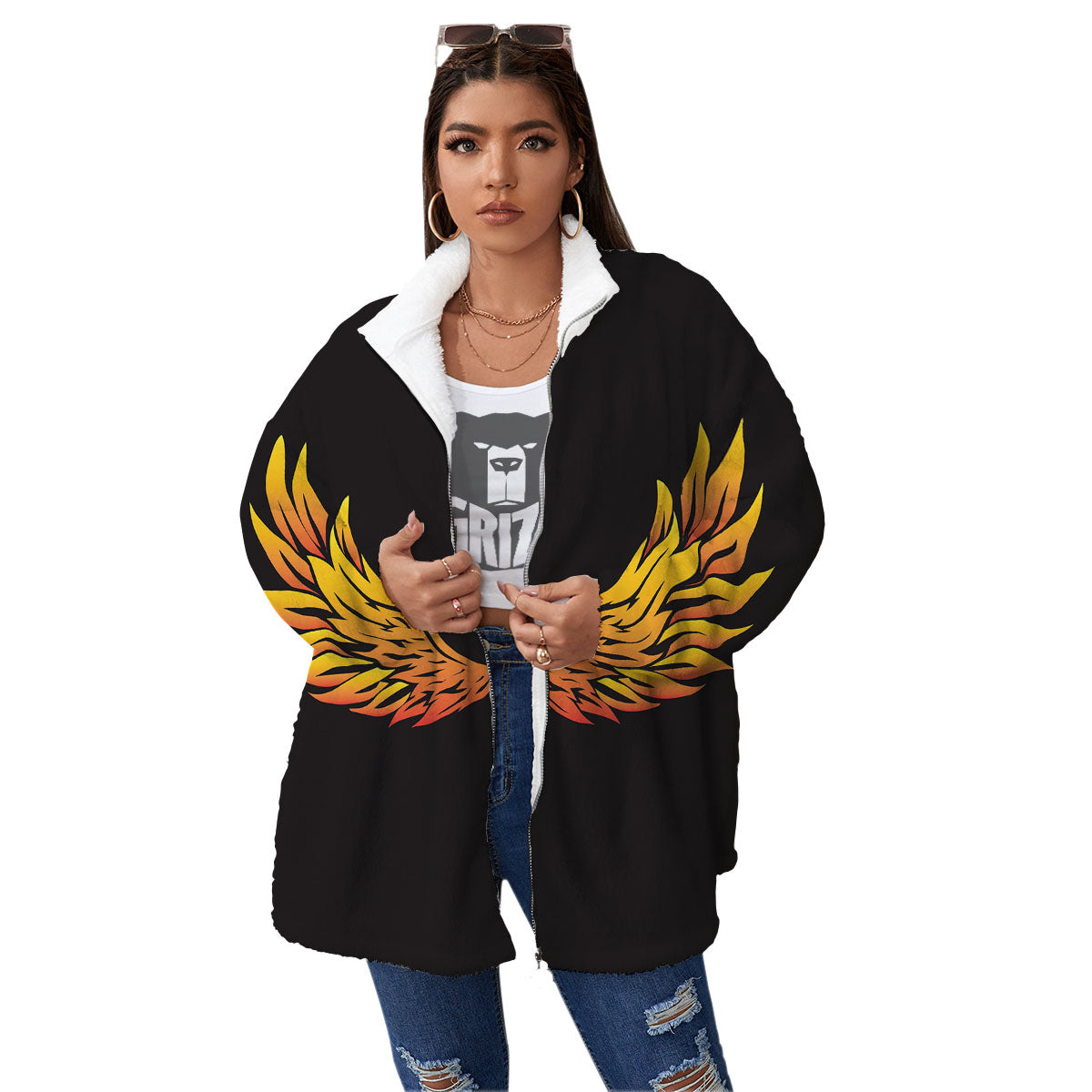 Angel Phoenix Print Women's Sherpa Jacket-grizzshop