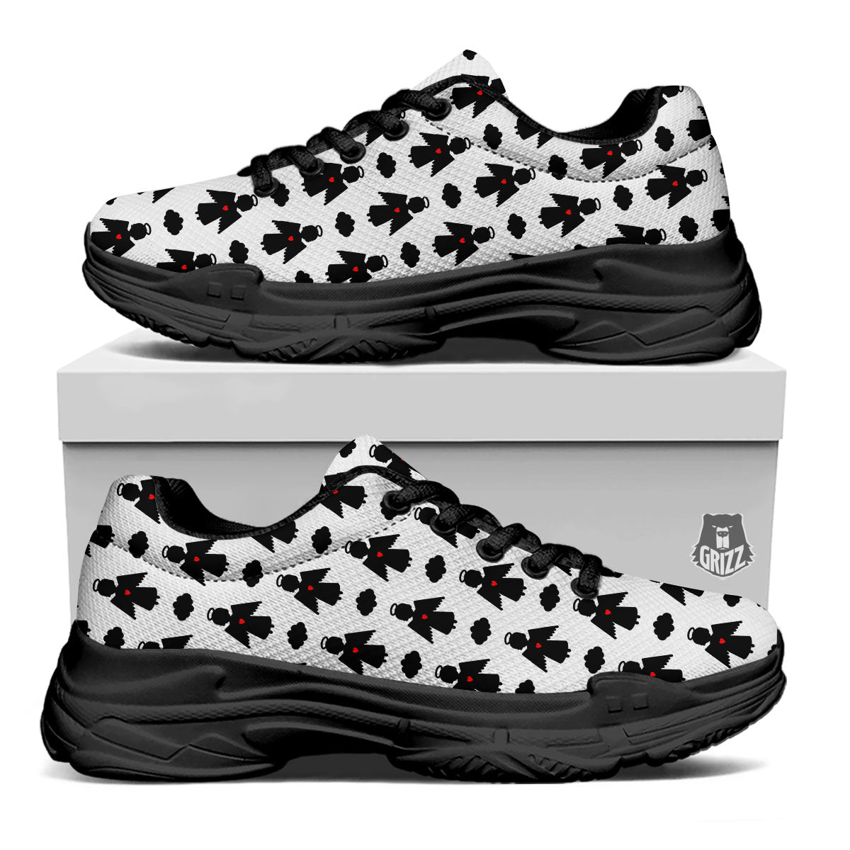 Angel White And Black Print Pattern Black Chunky Shoes-grizzshop
