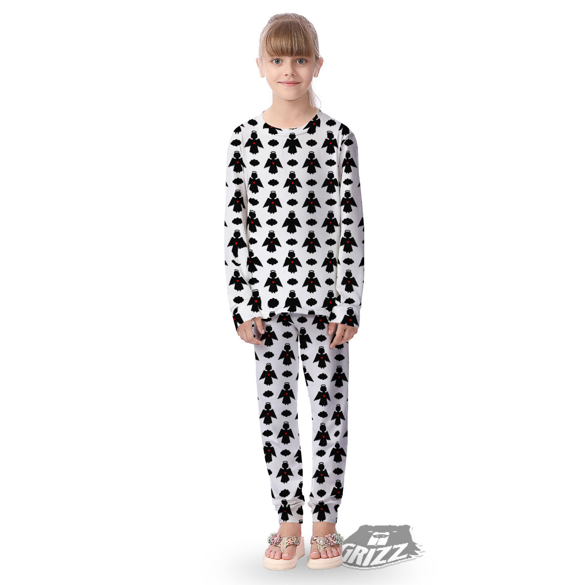 Angel White And Black Print Pattern Kid's Pajamas-grizzshop
