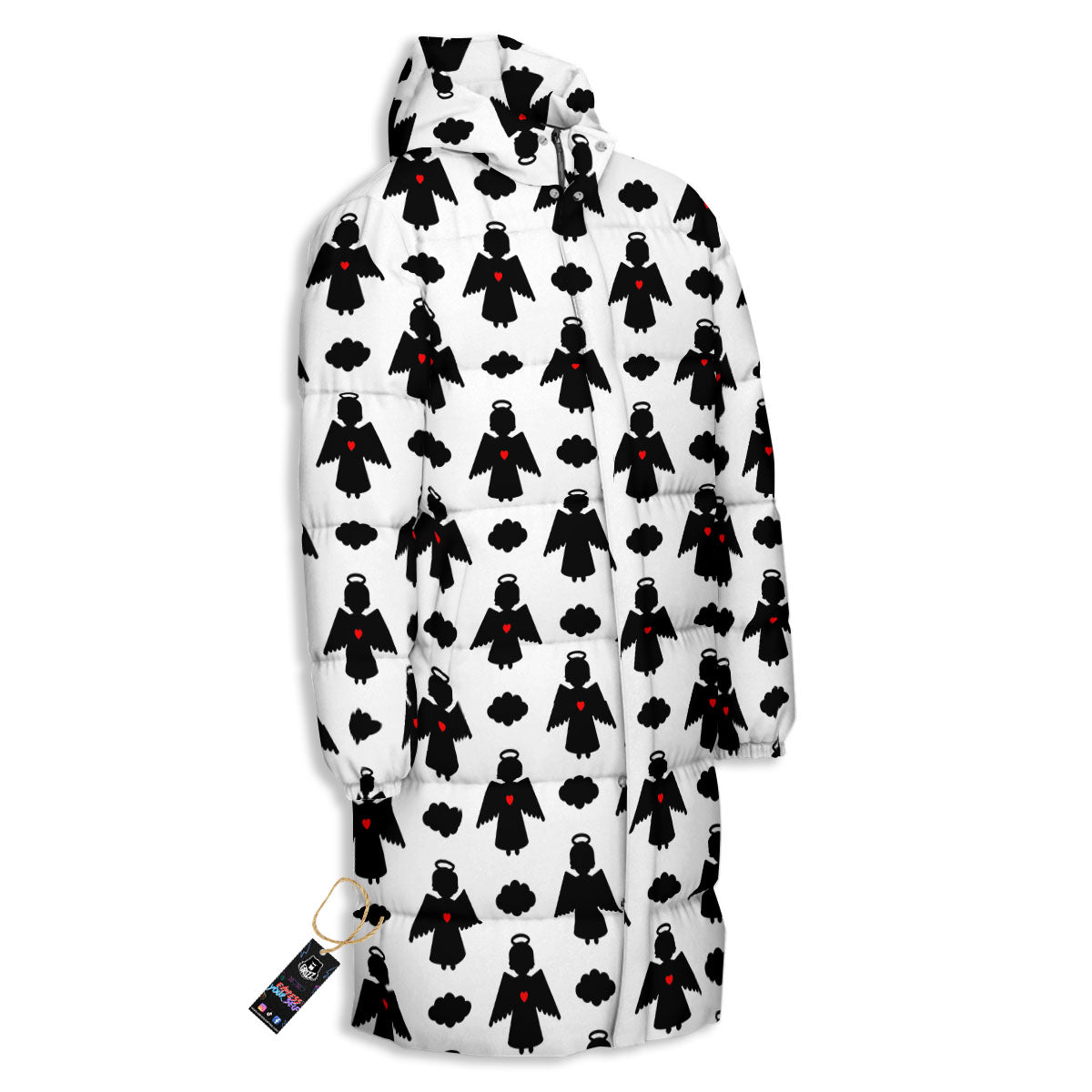 Angel White And Black Print Pattern Long Down Jacket-grizzshop