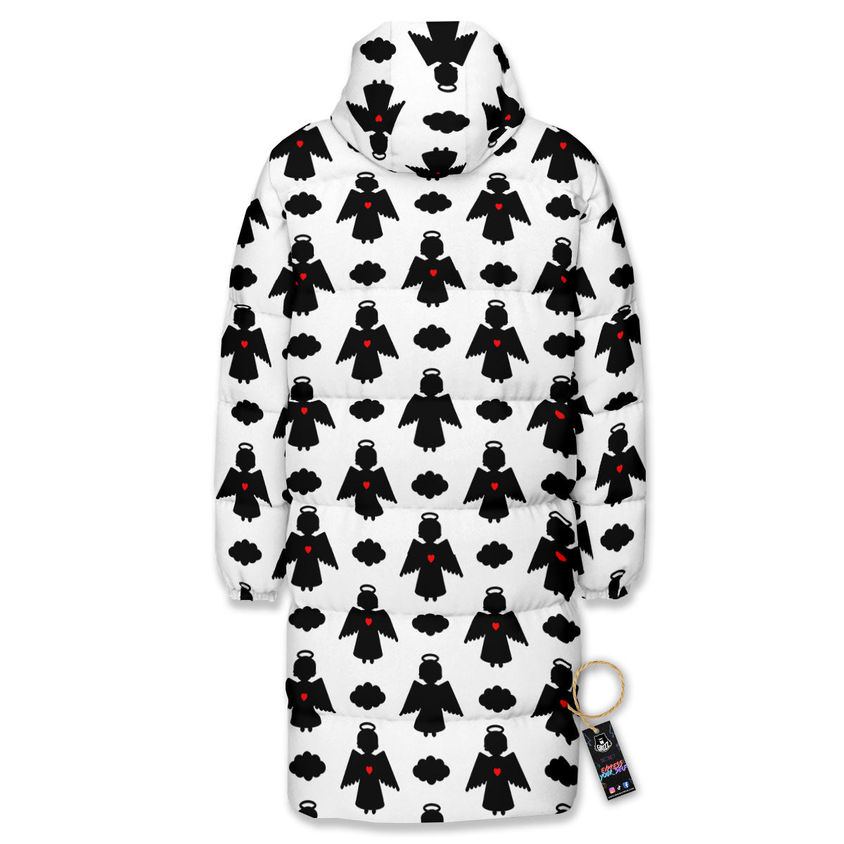 Angel White And Black Print Pattern Long Down Jacket-grizzshop