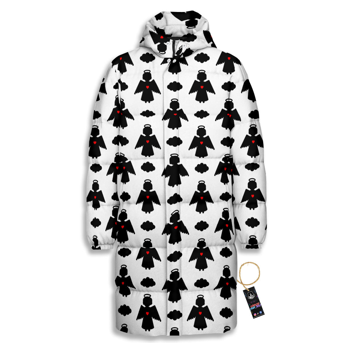 Angel White And Black Print Pattern Long Down Jacket-grizzshop