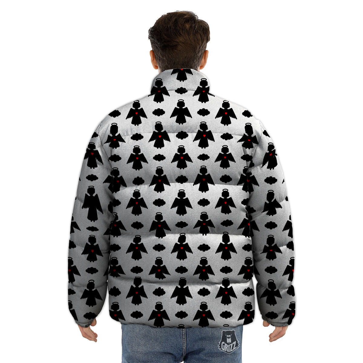 Angel White And Black Print Pattern Puffer Jacket-grizzshop