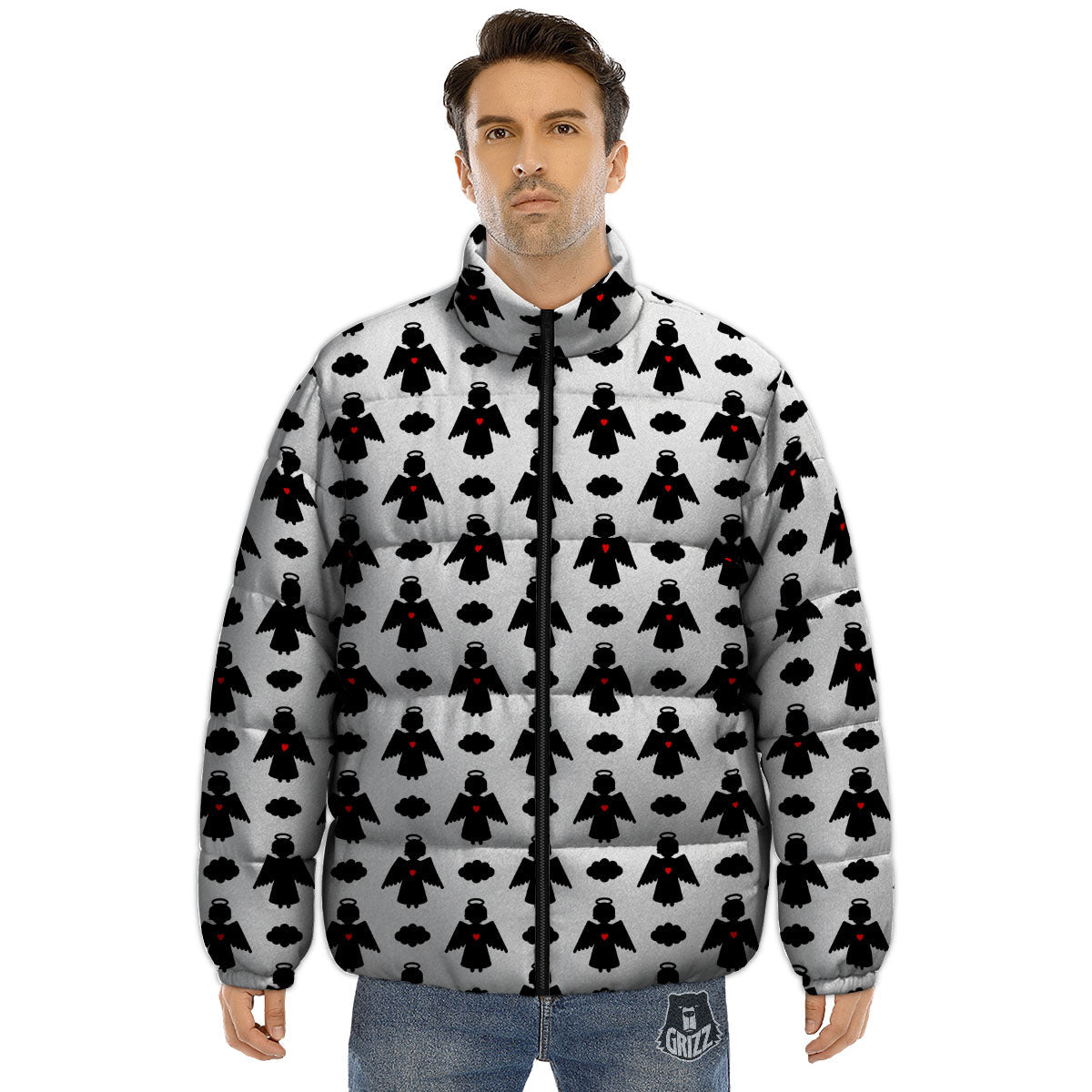 Angel White And Black Print Pattern Puffer Jacket-grizzshop