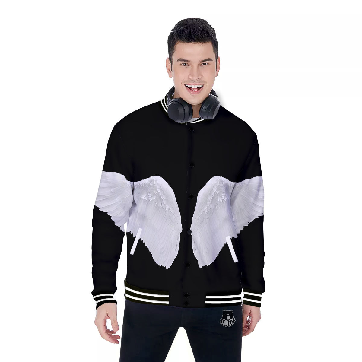 Angel Wings White Print Baseball Jacket-grizzshop