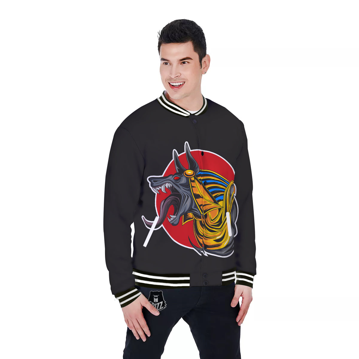 Angry Anubis Print Baseball Jacket-grizzshop