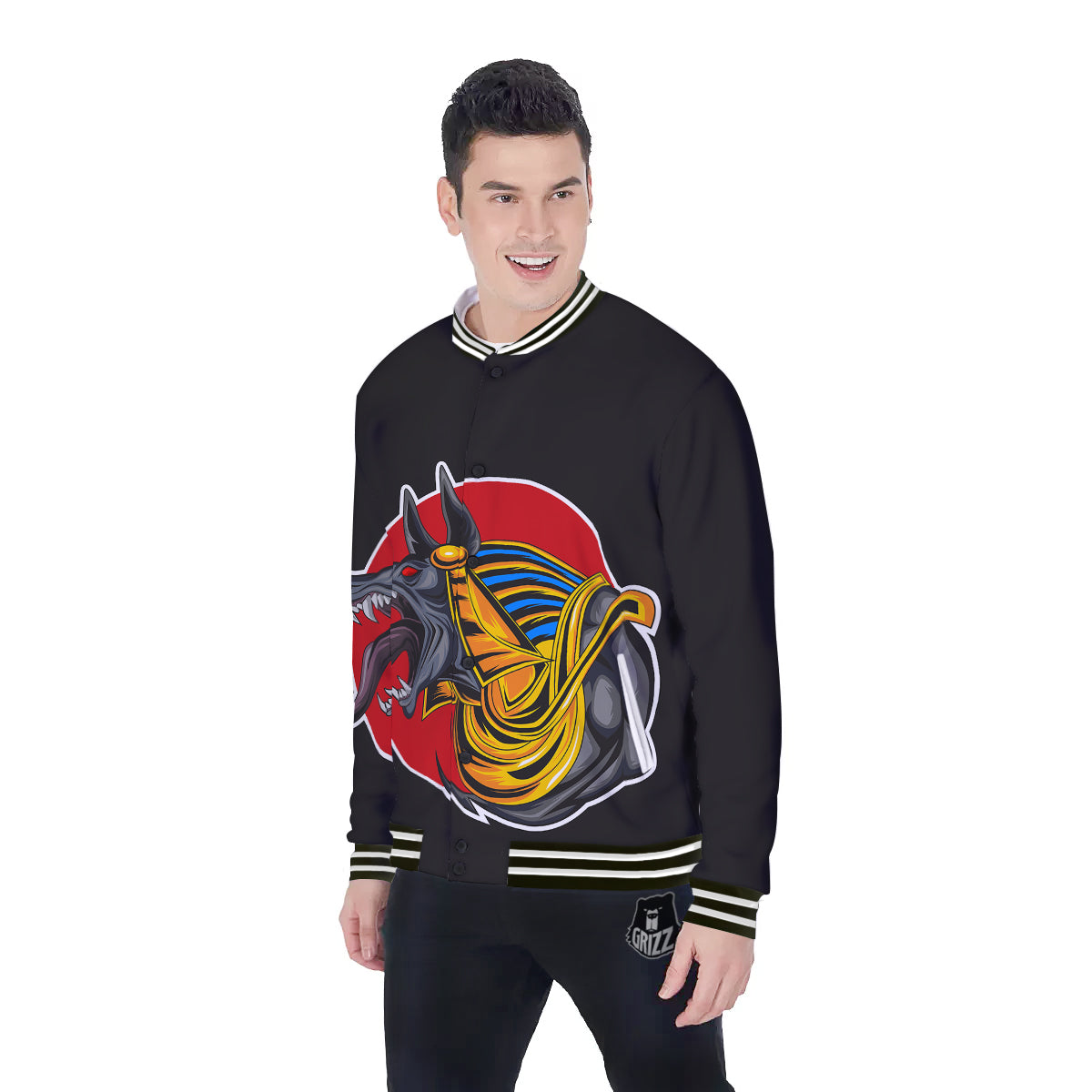 Angry Anubis Print Baseball Jacket-grizzshop