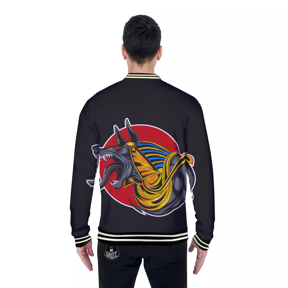 Angry Anubis Print Baseball Jacket-grizzshop