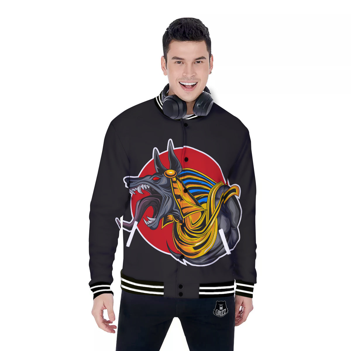 Angry Anubis Print Baseball Jacket-grizzshop