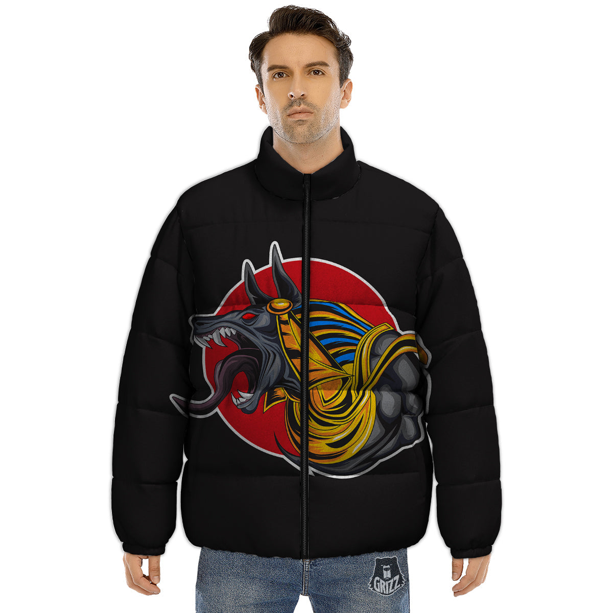 Angry Anubis Print Puffer Jacket-grizzshop
