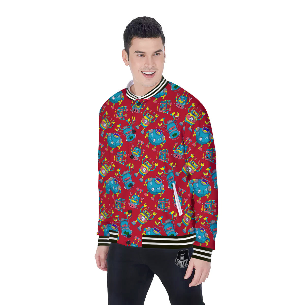 Angry Robot Print Pattern Baseball Jacket-grizzshop
