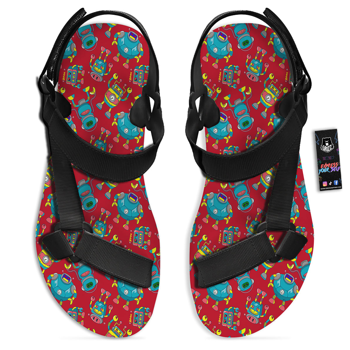 Angry Robot Print Pattern Black Open Toe Sandals-grizzshop