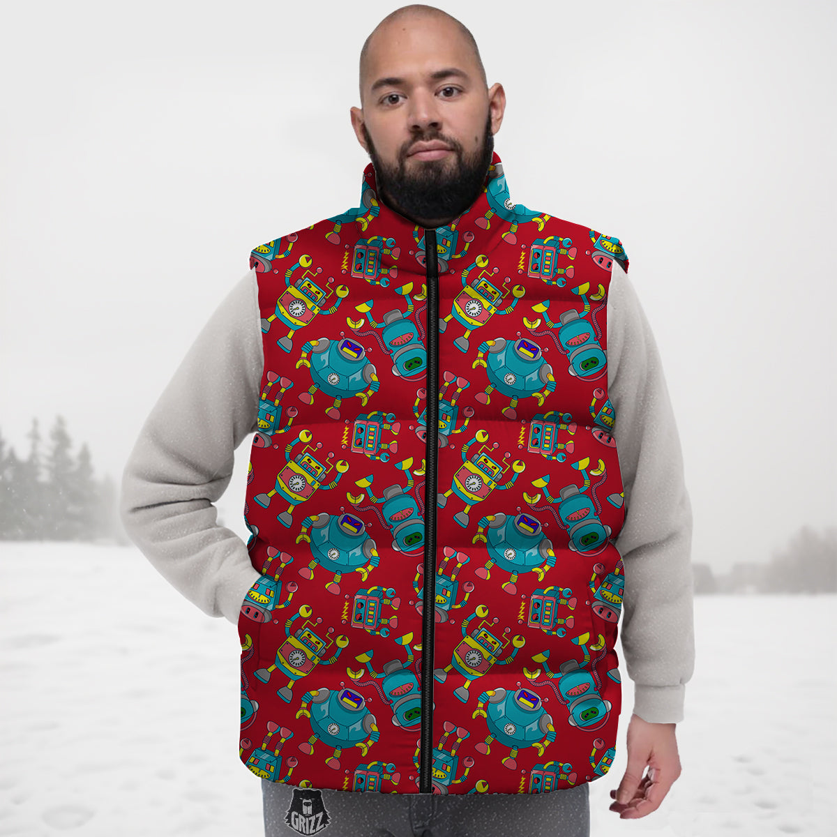 Angry Robot Print Pattern Down Vest-grizzshop