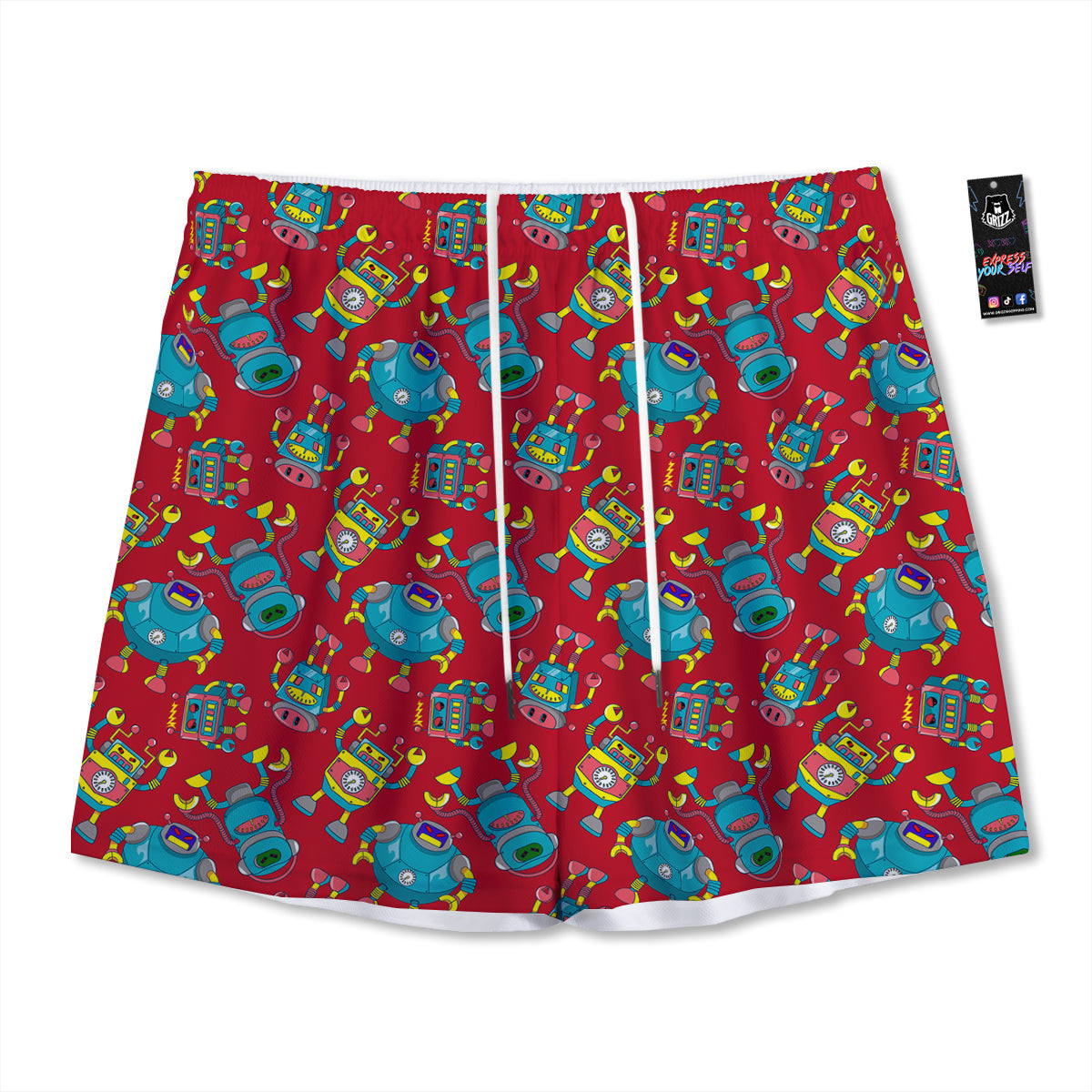 Angry Robot Print Pattern Mesh Shorts-grizzshop