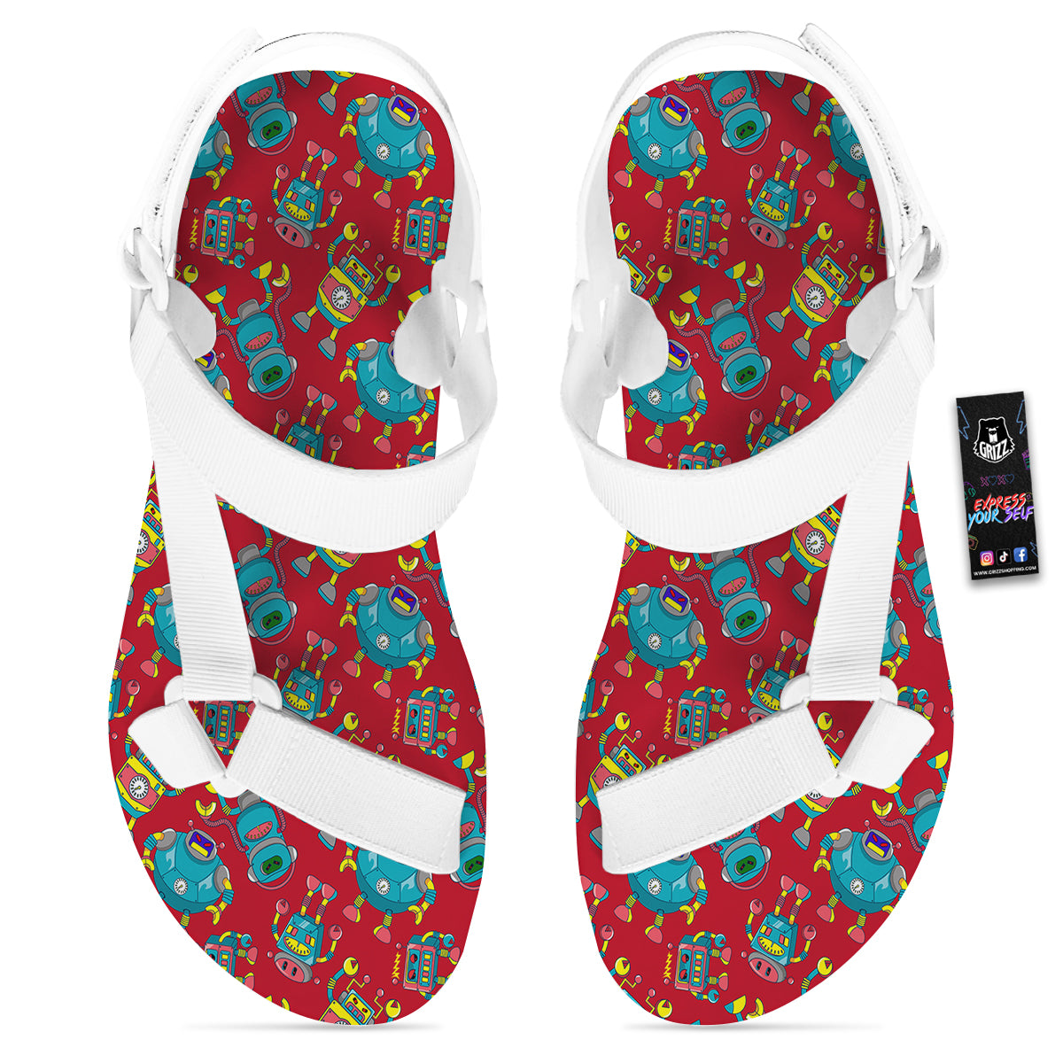 Angry Robot Print Pattern White Open Toe Sandals-grizzshop