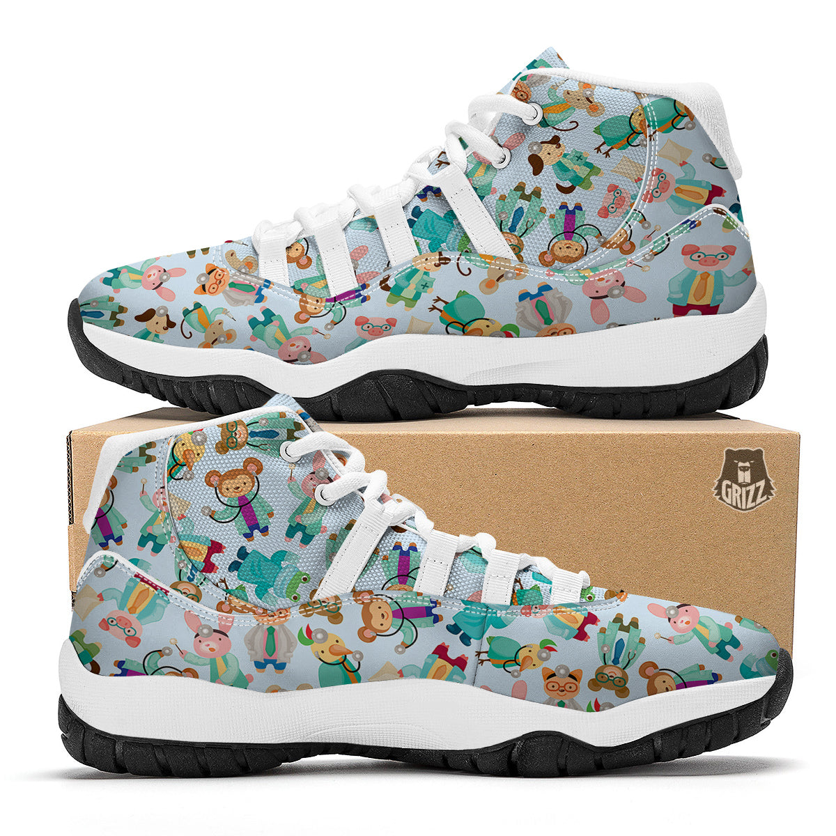 Animal Nurse Pattern Print White Bball Shoes-grizzshop