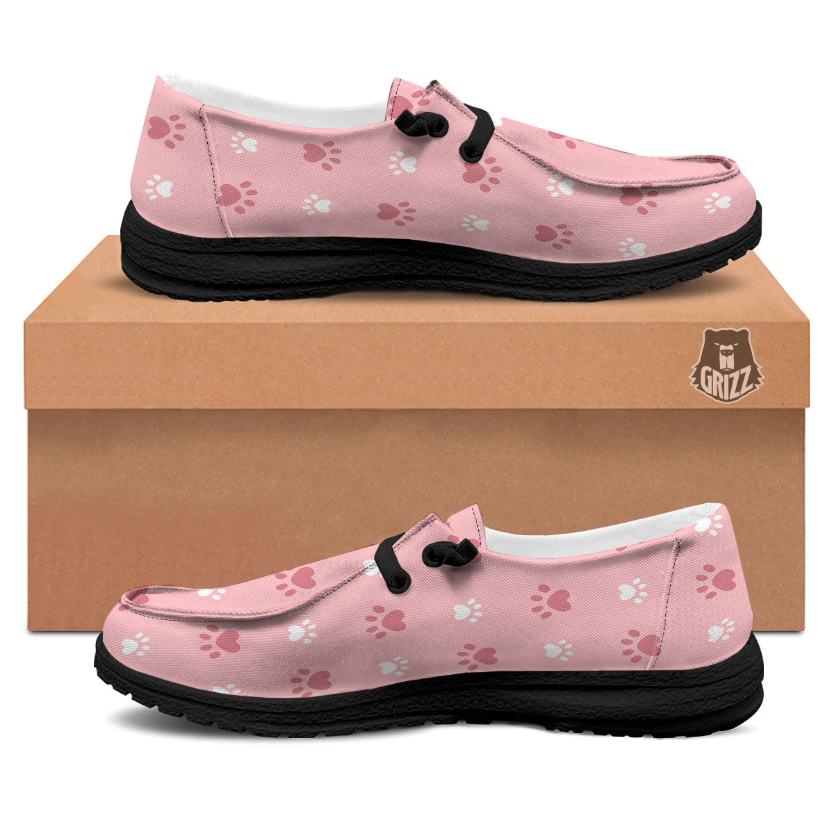 Animal Paw White And Pink Print Pattern Black Loafers-grizzshop