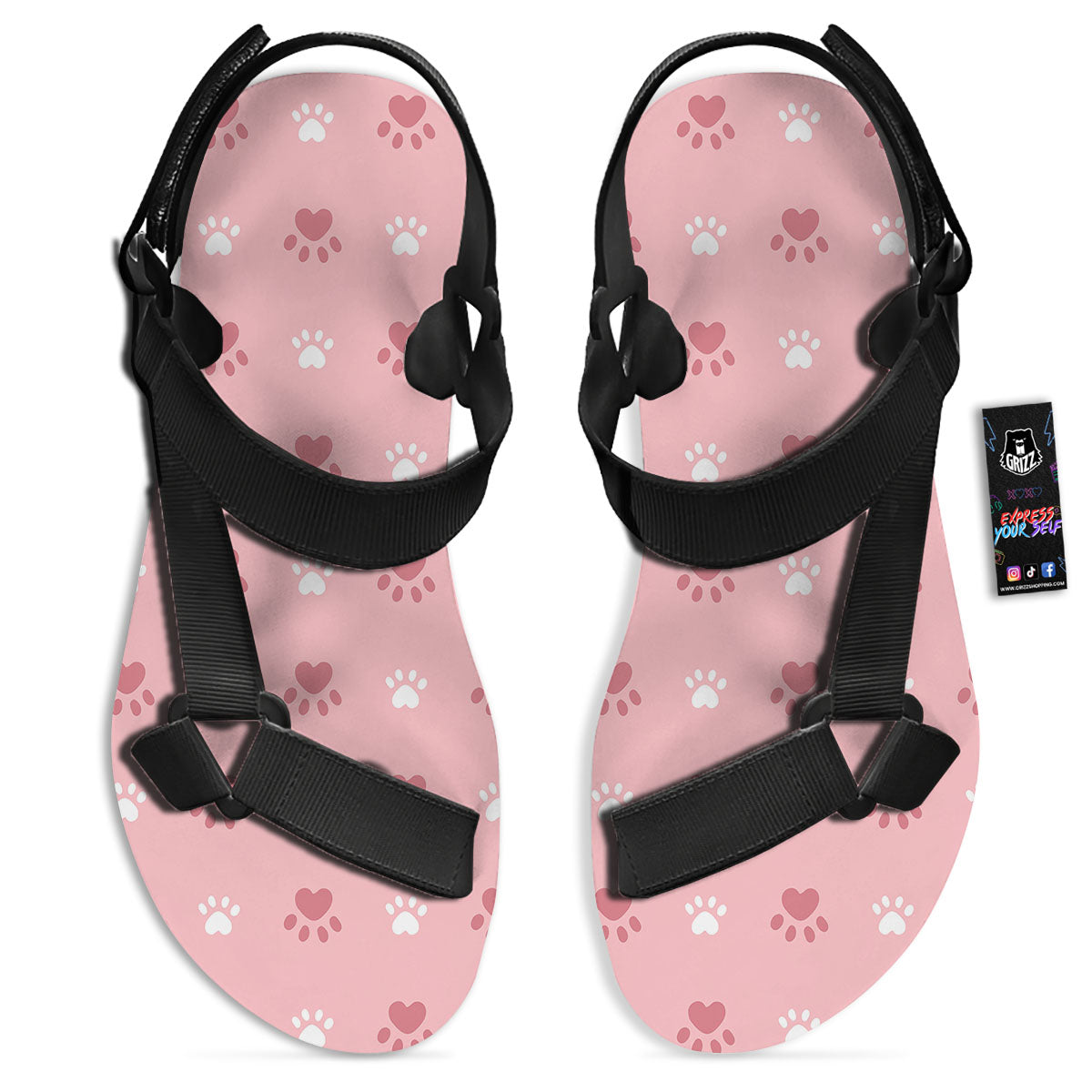 Animal Paw White And Pink Print Pattern Black Open Toe Sandals-grizzshop