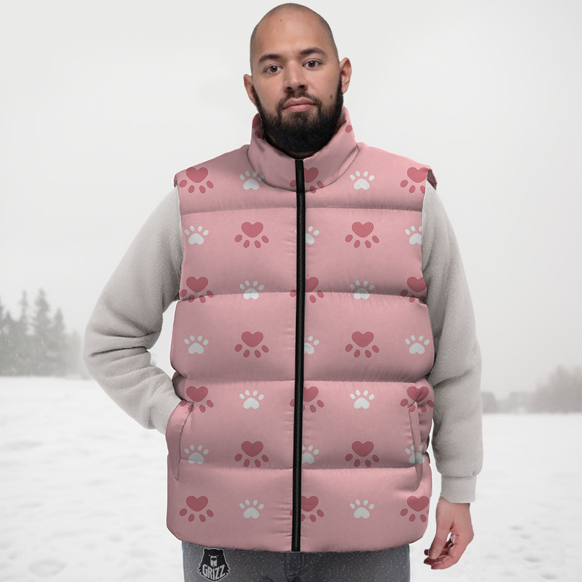 Animal Paw White And Pink Print Pattern Down Vest
