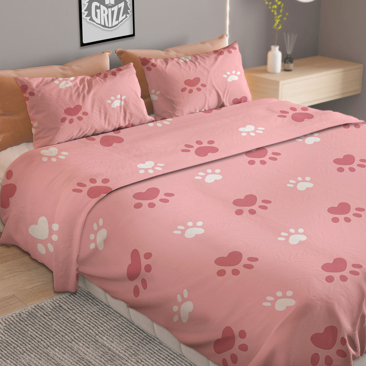 Animal Paw White And Pink Print Pattern Duvet Cover Bedding Set