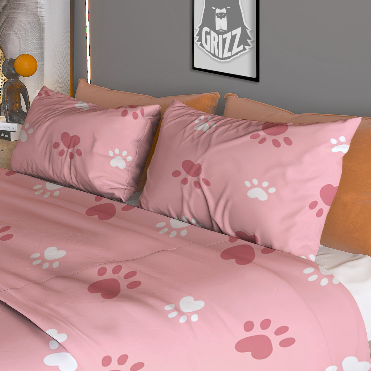 Animal Paw White And Pink Print Pattern Duvet Cover Bedding Set