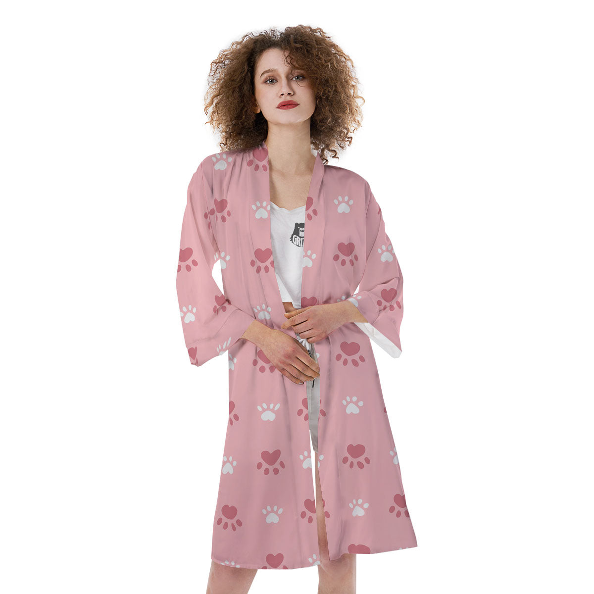 Animal Paw White And Pink Print Pattern Kimono-grizzshop