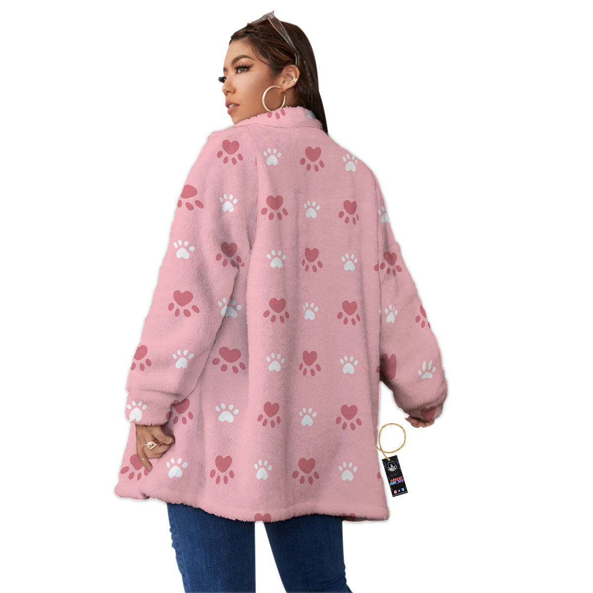 Animal Paw White And Pink Print Pattern Women's Sherpa Jacket-grizzshop